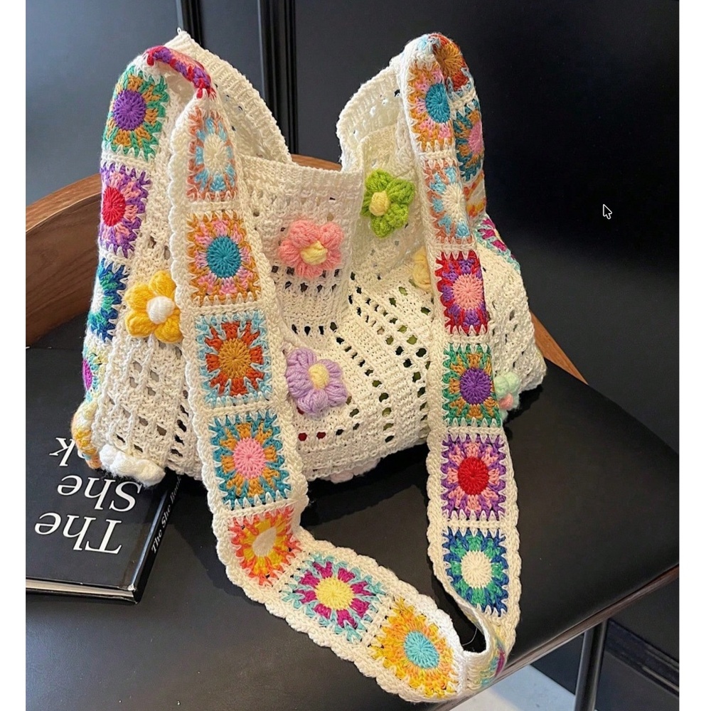 Hand made Multicolor Crochet Flowers Crossbody Shoulder Bag